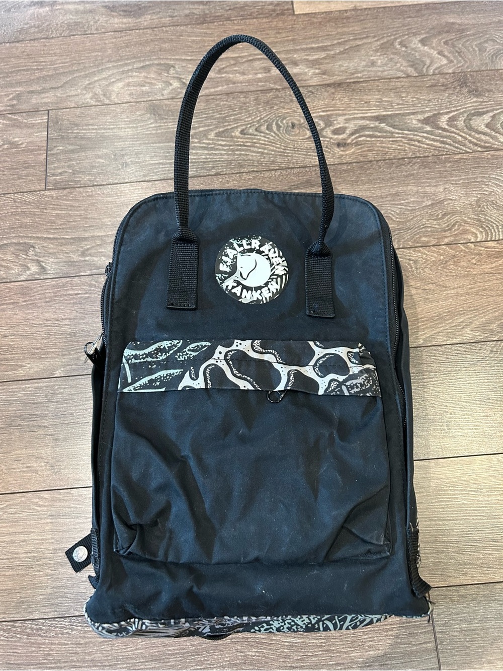 Fjallraven Black Backpack Tote with Patterned Trim and Patch